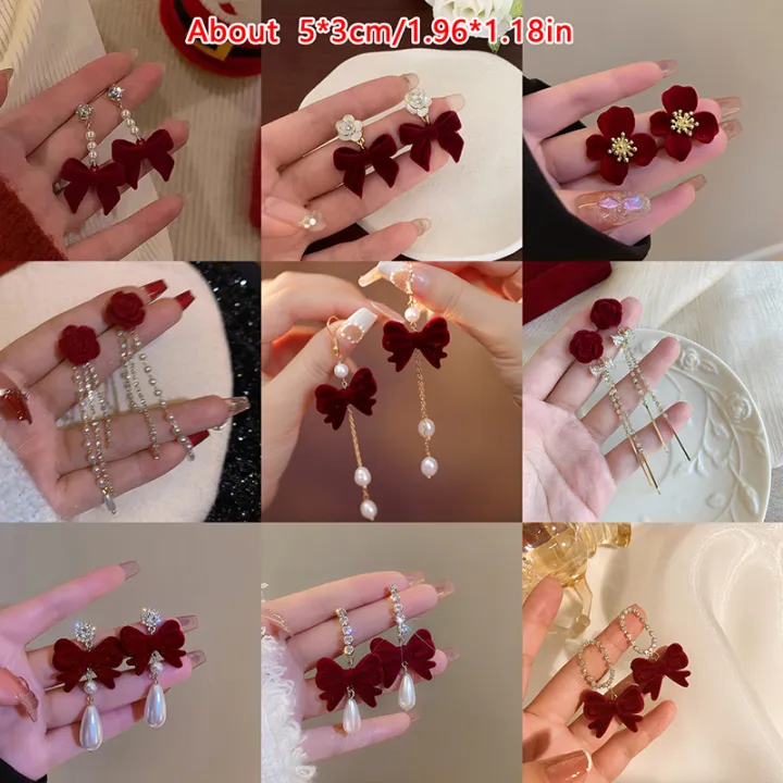 Red%20Flocked%20Fabric%20Bowknot%20Earrings%20Temperament%20Sweet%20Flowers%20Long%20Fringe%20Earrings%20jingu%20-%20Image%204