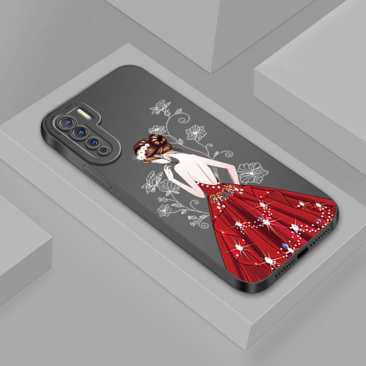 BILI%20for%20OPPO%20F15%20/%20A91%20/%20Reno3%204G%20Back%20Cover%20Red%20Dress%20Girl%20Frosted%20Plating%20Lens%20Protection%20Soft%20Silicone%20Phone%20Cases%20-%20Image%202