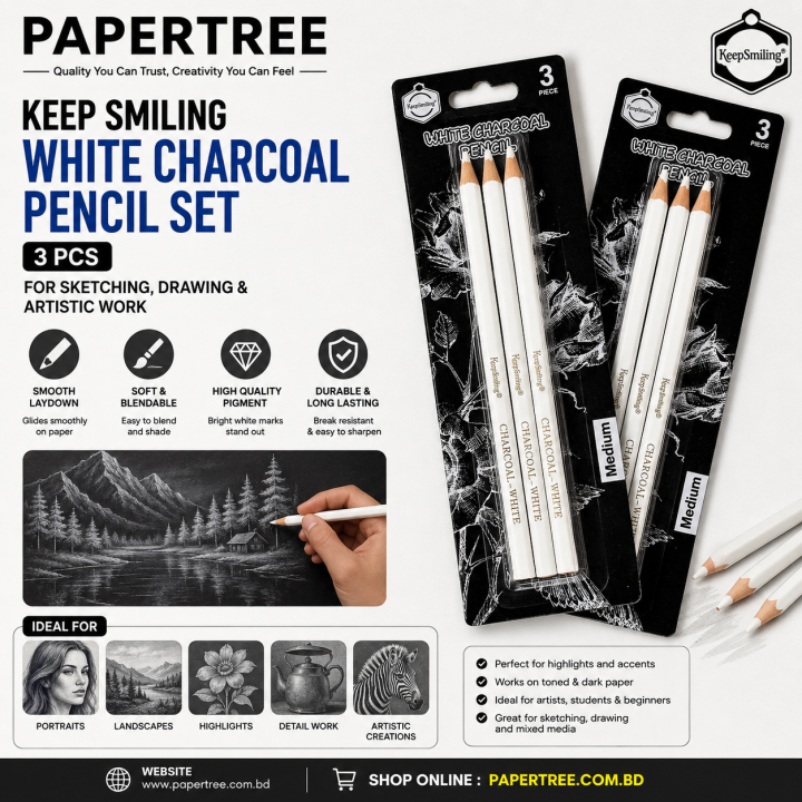 Keep Smiling White Charcoal Pencil Set 3 Pcs for Sketching Drawing & Artistic Work