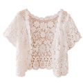 Women Summer Short Sleeve Crochet Shrugs Hollow Out Flower Lace Open Front Cropped Cardigan Sunscreen Scalloped Trim Bolero Jack.