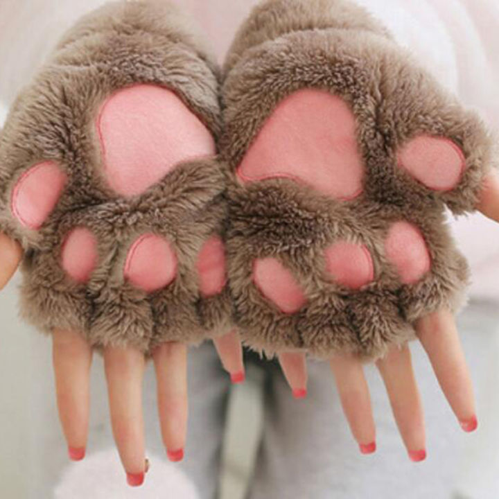 Cute Cat Claw Plush Mittens Fluffy Bear Gloves Costume Half Finger Party Gift-Cola Kids