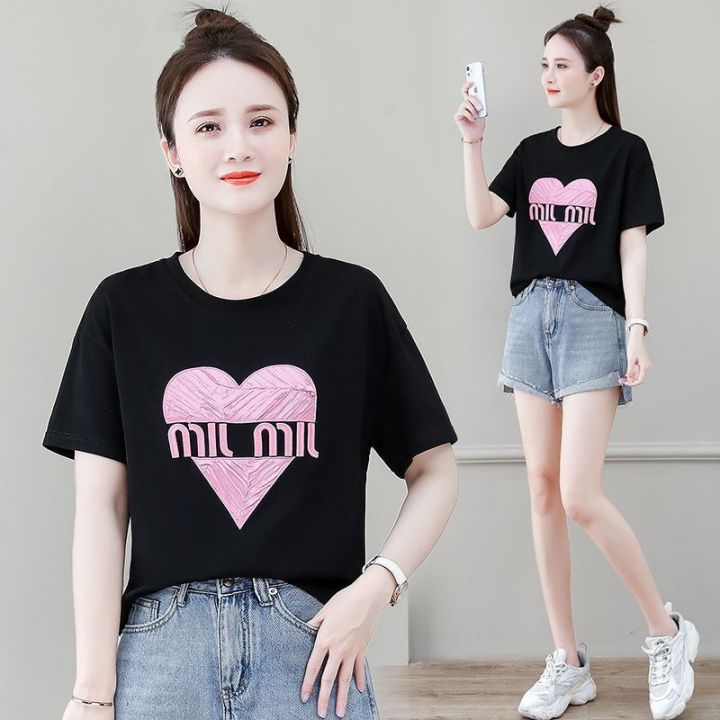 Hong%20Kong%20Style%20Retro%20Crew%20Neck%20Back%20Slit%20Love%20Short%20Sleeve%20T%20Women's%20Summer%20T-shirt%20chic%20Figure%20Flattering%20Back%20Split%20Top%20Fashion%20-%20Image%203
