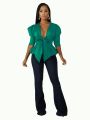 Women Peplum Blouse Tops with Waist Belt Bowtie Half Sleeves Deep V Neck Party Clubwear Night Date Out Evening Bluas Ladies. 