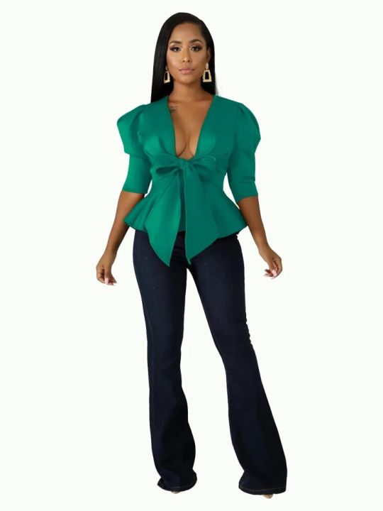 Women%20Peplum%20Blouse%20Tops%20with%20Waist%20Belt%20Bowtie%20Half%20Sleeves%20Deep%20V%20Neck%20Party%20Clubwear%20Night%20Date%20Out%20Evening%20Bluas%20Ladies%20-%20Image%206