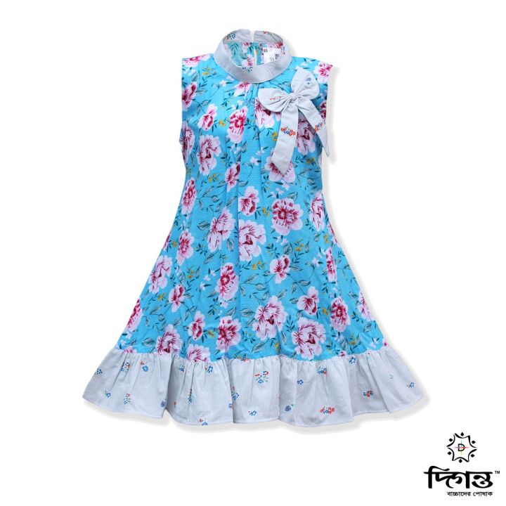 Sky Blue Pink Linen Cotton Frock for Baby Girls