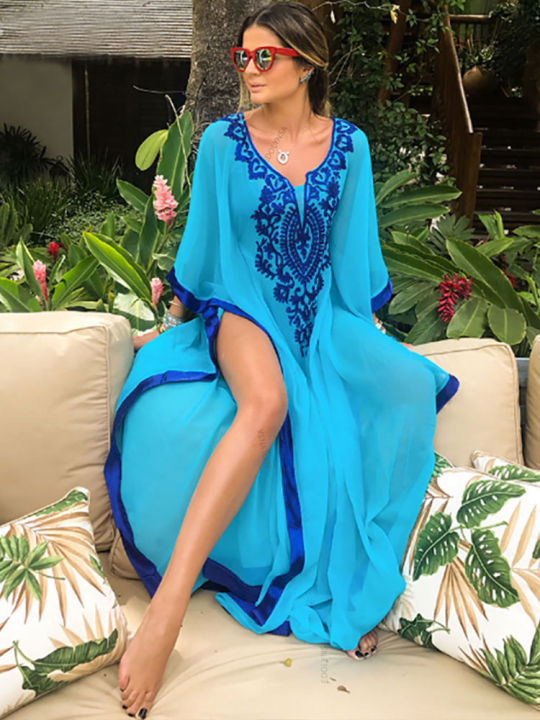 2023 Bohemian Embroider Summer Beach Dress Women Plus Size Beachwear Loose Kaftan Half Sleeve Chiffon Maxi Dress Robe N746 House Foocus Daraz .bd