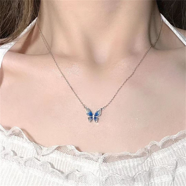 French Gradual Blue Enamel Butterfly Wing Pendant Necklace For Women Silver Color Neck Chain Exquisite Jewelry Gift For Girls
