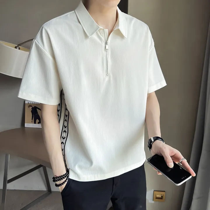 Ribbon%20Half%20ZipperTMen's%20Lapel%20Ice%20Silk%20Short%20SleevePOLOShirt%20Summer%20Korean%20Slim%20Fit%20Men's%20Wear%20Half%20SleeveTT-shirt%20-%20Image%202