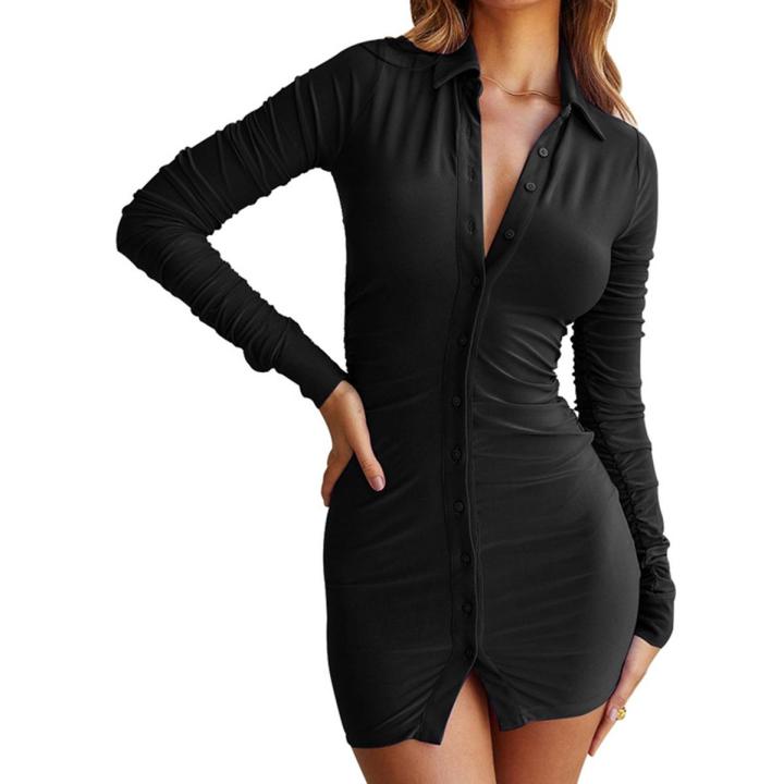 Women Sheath Dress, Adults Button-down Solid Color Long Sleeve