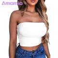 Amamia Women Solid Color Strapless Cropped Mini Bustier Slim Elastic Tube Top. 