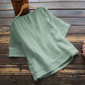 Sleeve Spliced Hollow Out Tops Blouse Round Neck Loose Ladies Retro Casual Petticoat Solid Color Cotton Linen Top Half Sleeve Round Neck Stitched Shirt Hollow Top Women Shirt Half.