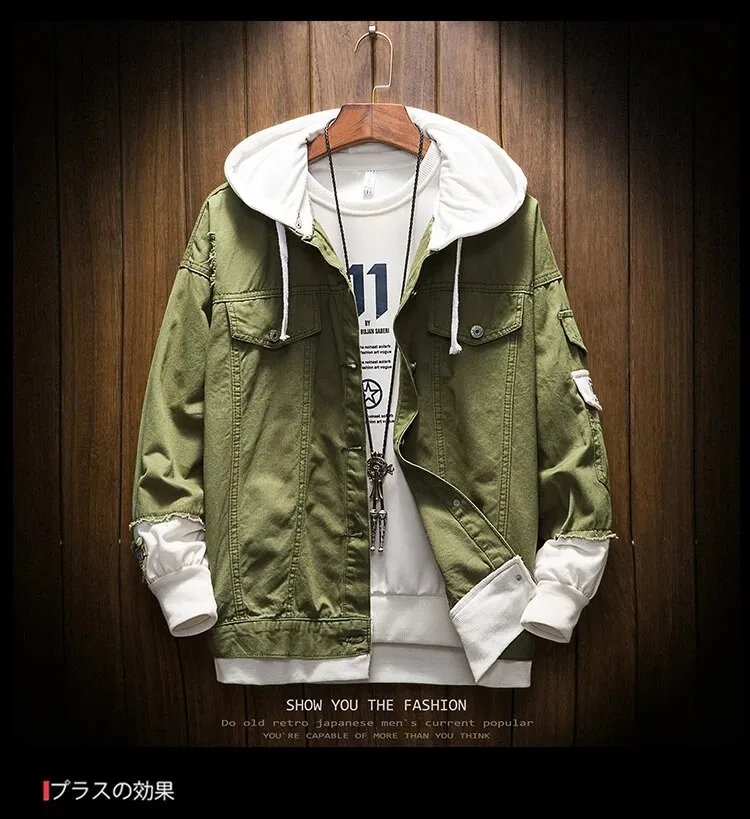 Denim Tops Half Denim Half Hoodie Jacket Men's Two Pieces