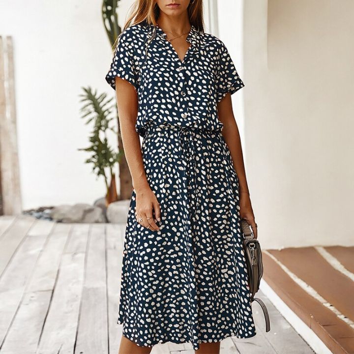 Fashion%20Women%20Dresses%20Summer%20Boho%20Dot%20Print%20High%20Waist%20Shirt%20Dress%20Casual%20Holiday%20Beach%20Short%20Sleeved%20Female%20Midi%20Dress%20-%20Image%206