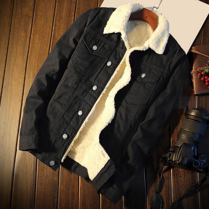 【Alien Alien】 Super Soft Popular Lapel Buttons Jean Jacket Winter Men Jean Outerwear Solid Color for Office