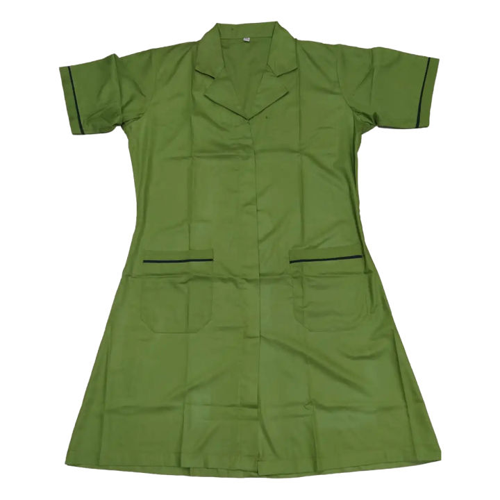 Nursing Dress with Name and Logo in Olive Color - Made from Cotton & Torey Fabrics, Accompanied by a Matching Colored Mask for Ultimate Comfort