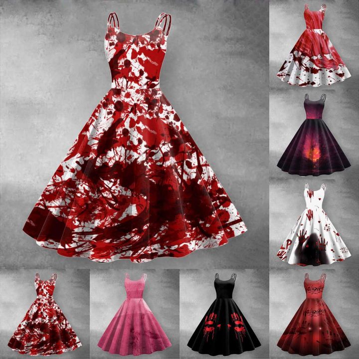Tie-Dye Blood Halloween Print Women For Costume Vampire Bloody Ghost Dress Masquerade Cosplay Horror Bride Sleeveless Vestidos