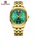 NAVIFORCE 9203 Business mens watches stainless steel strap with Day Quartz Wristwatches- Gold & Green.