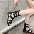 Flat Heel Cross Mid-Calf Fashion Sandals Hollow Women's Flat Summer New Lace-up European and American Roman Shoes Open Toe Sandal Boots ).