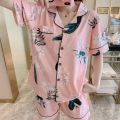 Pajamas for Women Short Sleeve Sleepwear Loungewear Satin Pyjamas Cartoon Summer Home Wear Ladies Silk Nightwear Set. 