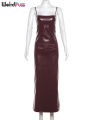 Weird Puss Leather Splits Dresses Woman Summer Solid Spaghetti-Strap Sleeveless Hottie Chic Party Clubwear Skinny Vestidos. 