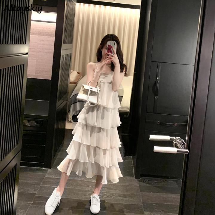 Ruffles Dress Women Spaghetti Strap Ulzzang Summer Holiday All-match Casual Loose Friend Solid Simple Ins V-neck Ladies Clothes