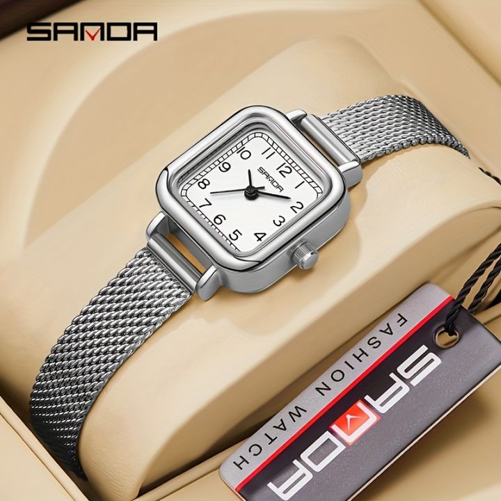 SANDA Women's Exquisite Leisure Business Mesh Quartz Watch Fashion Square Pointer Stainless Steel Waterproof Watch Gift