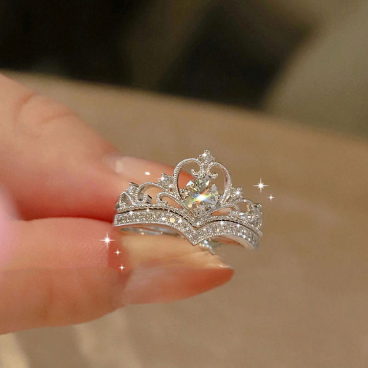 Exquisite Crown Zircon Heart Shaped Open Adjustable Ring For Women