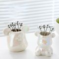 Light Luxury Nordic Bear Fruit Fork Set Stainless Steel Fruit Fork Storage Can Ceramic Cute Bear Fruit Fork Can Fruit Sign. 
