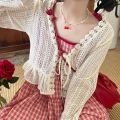 Korean Sweet and Lovely Girl S-8xl Plus Size Hollow Out Sun Protection Cardigan Strawberry Plaid Halting Dress Two-piece Set.