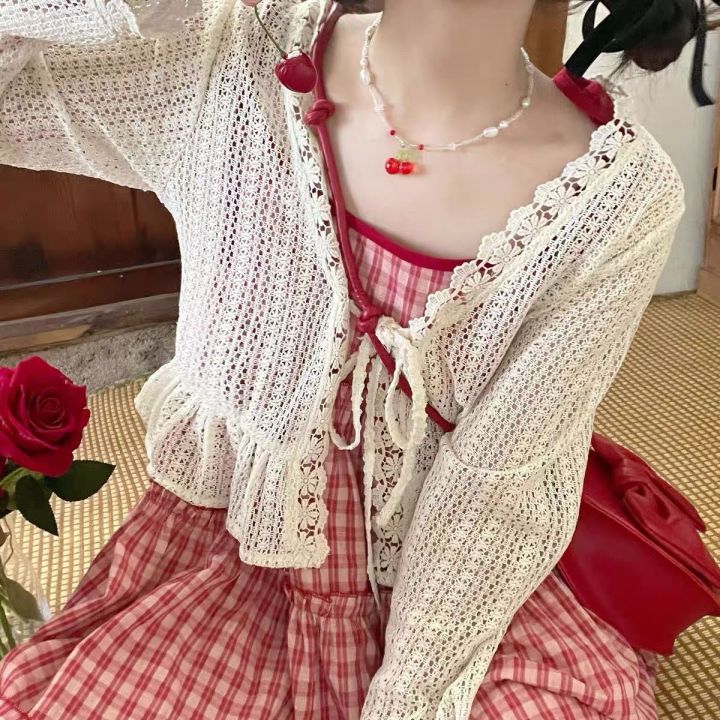 Korean Sweet and Lovely Girl S-8xl Plus Size Hollow Out Sun Protection Cardigan Strawberry Plaid Halting Dress Two-piece Set