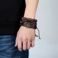 4Pcs/ Set Multilayer Leather Bracelet Braided Bracelets for Men Vintage Life Tree Rudder Charm Wood Beads Ethnic Tribal Wristbands.