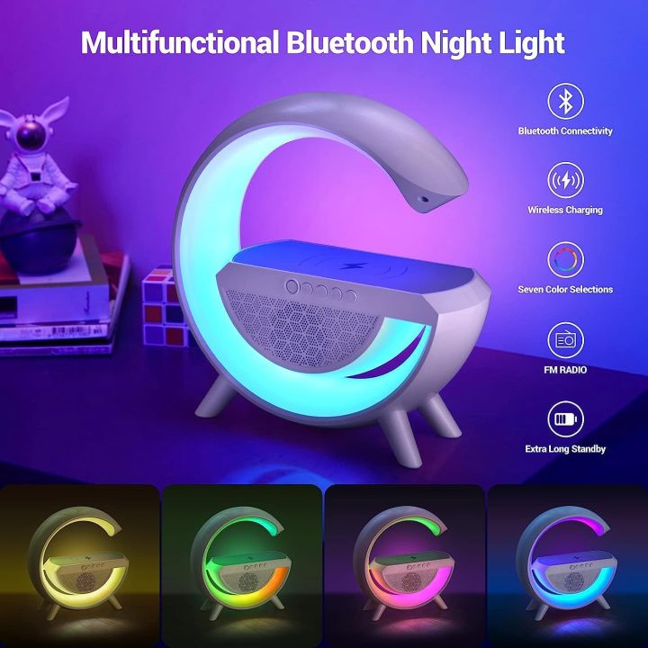 2025 Updated G Shape Google LED Wireless Charging RGB Bluetooth Speaker Clock and Rechargeable Table Lamp