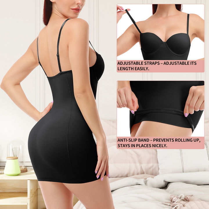 Women%20Full%20Slips%20Basic%20Under%20Dress%20Adjustable%20Straps%20Cami%20Seamless%20Smooth%20Tummy%20Control%20Body%20Shaper%20Built%20In%20Bra%20Deep%20V%20Bodycon%20-%20Image%205