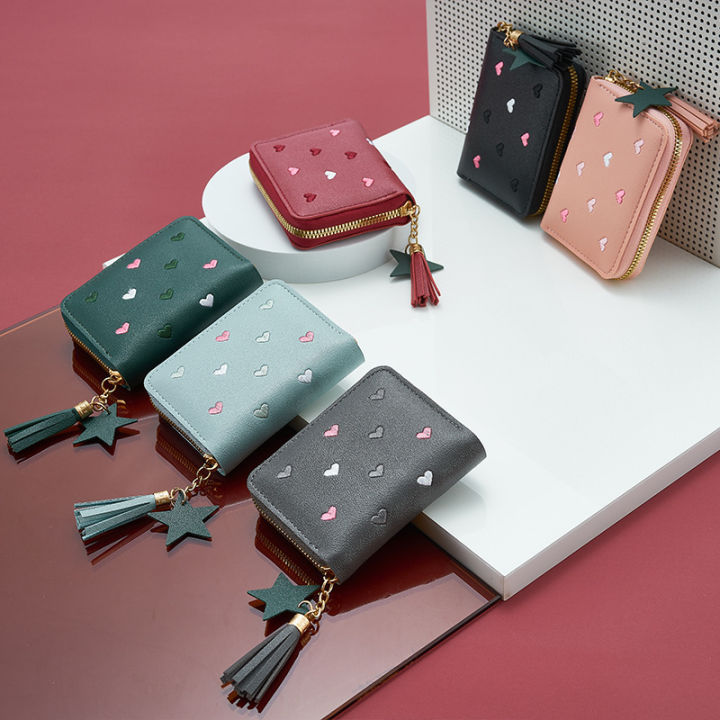 Lovely Heart Embroidered PU Leather Women's Zipper Coin Purse Star Pendant Short Wallet