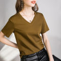High count 80 counts double-sided mercerized cotton short sleeve white T-shirt women's summer women's loose round neck V-neck versatile T-shirt 1688. 