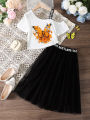 2PCS Summer Child Girl Clothes Set Short Sleeve Shoulder Leakage T-shirt+Mesh Skirt College Style Costume for Kid Girl 8-12Years.