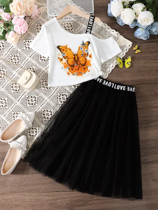 2PCS%20Summer%20Child%20Girl%20Clothes%20Set%20Short%20Sleeve%20Shoulder%20Leakage%20T-shirt+Mesh%20Skirt%20College%20Style%20Costume%20for%20Kid%20Girl%208-12Years%20-%20Image%203