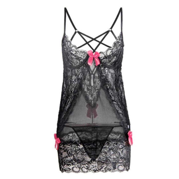 Black Women's Mesh Lace Nightdress + Thong Suit Exotic Clothing Nightwear Set