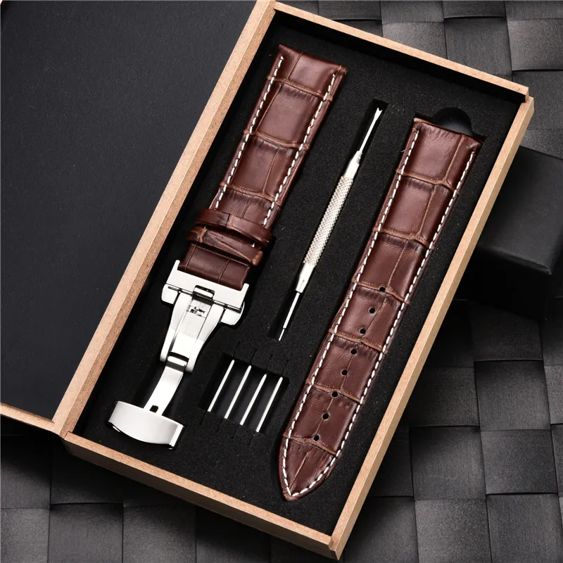Embossed Genuine Leather Watchbands with Box Stainless Steel Buckle Straps  17/18/19/20/21/22/23/24mm Business Watch Strap