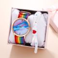 Ladies Watch Rainbow Canvas Strap Quartz Kids Wristwatch With Sports Bracelet Set. 