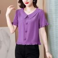 Summer New Peter Pan Collar Fashion Trendy Small Shirt Shirt Temperament Waist-Controlled Short-Sleeved Shirt Women's Chiffon Shirt Fashion.