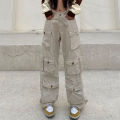 Pocket Solid Color Cargo Pants Women's Y2K Street Retro Loose Wide-Leg Overalls Couple Casual Joker Mopping Jeans Pants Women.