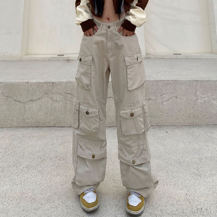 Pocket Solid Color Cargo Pants Women's Y2K Street Retro Loose Wide-Leg Overalls Couple Casual Joker Mopping Jeans Pants Women