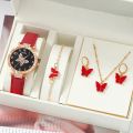 Women Luxury Watch Ring Necklace Earrings Rhinestone Butterfly Fashion Wristwatch Female Casual Ladies Watches Set Clock.