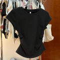 European and American Solid Color Shoulder T T-shirt Short-Sleeved Women's Summer Slim-Fit Chic Short Waist Easy Matching Waisted Gray Top.