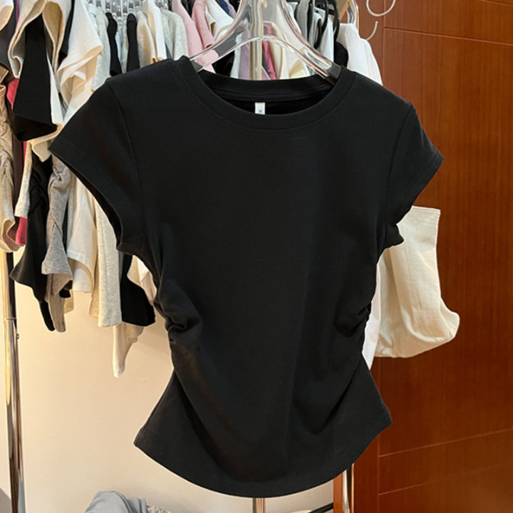 European%20and%20American%20Solid%20Color%20Shoulder%20T%20T-shirt%20Short-Sleeved%20Women's%20Summer%20Slim-Fit%20Chic%20Short%20Waist%20Easy%20Matching%20Waisted%20Gray%20Top%20-%20Image%207