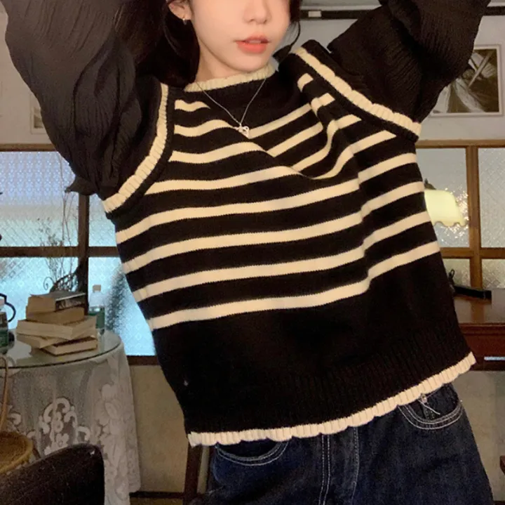 Early%20Autumn%20Long%20Sleeve%20Stitching%20Design%20Striped%20Sweater%20Inner%20Wearing%20Women's%20Clothing%202023%20New%20French%20Style%20Sweater%20Top%20-%20Image%204