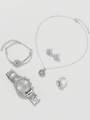 5 PCS Set Silver Luxury Watch Women Ring Necklace Earrings Rhinestone Fashion Wristwatch Female Casual Watches Bracelet Set. 