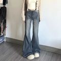 American retro low-waisted hottie micro flared jeans women's 2024 new raw edge loose mopping wide-leg flared pants.