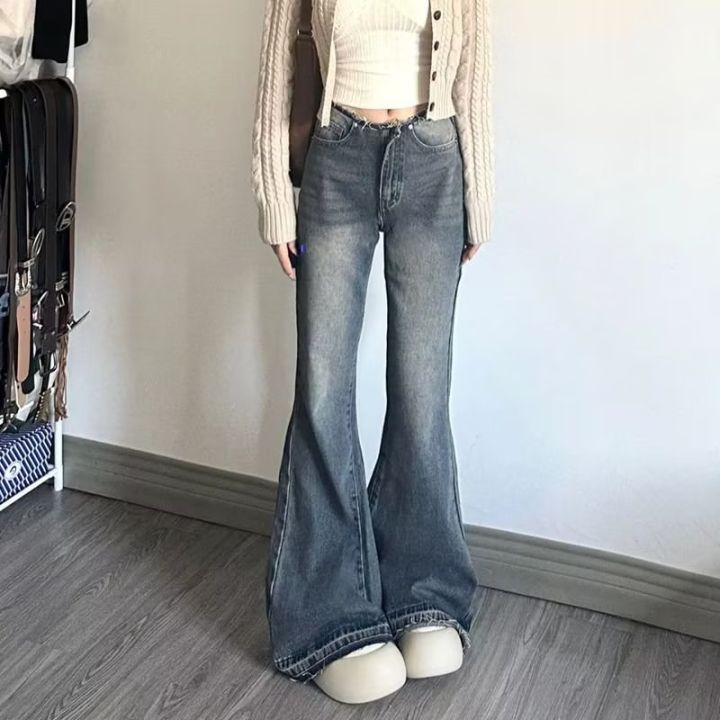 American retro low-waisted hottie micro flared jeans women's 2024 new raw edge loose mopping wide-leg flared pants